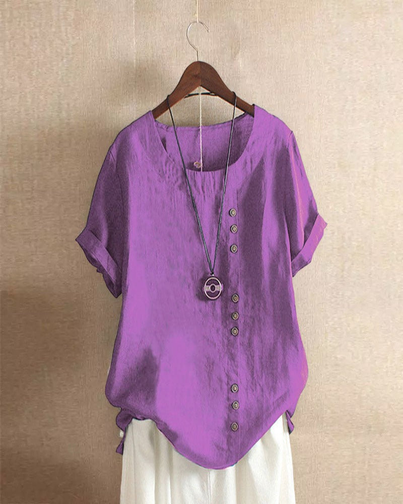 Béatrice | Blouse Lin Col Rond Boutons Manches Courtes Détendue