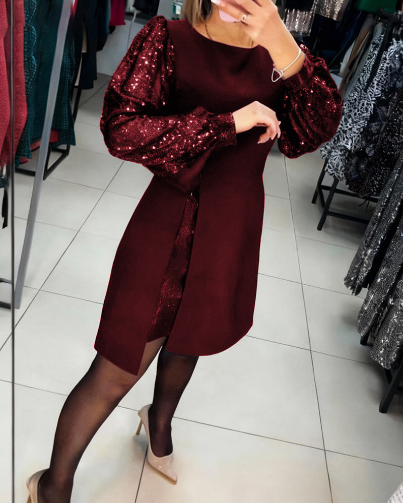 Liliana | Elegancka Sukienka z Bufiastymi Rękawami i Patchworkowymi Detalami