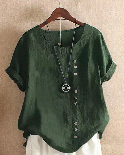Béatrice | Blouse Lin Col Rond Boutons Manches Courtes Détendue