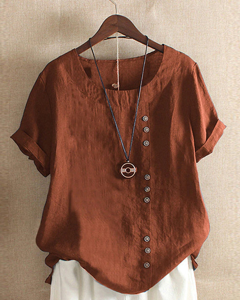 Béatrice | Blouse Lin Col Rond Boutons Manches Courtes Détendue