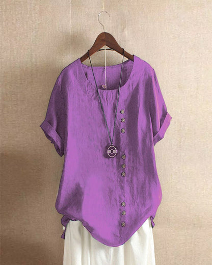 Béatrice | Blouse Lin Col Rond Boutons Manches Courtes Détendue