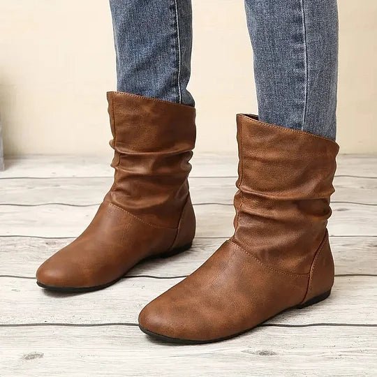 Amara | Bottes Femme à Mi-Mollet en Cuir Froncées Talon Bas