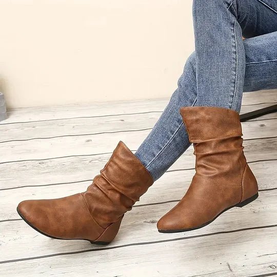Amara | Bottes Femme à Mi-Mollet en Cuir Froncées Talon Bas