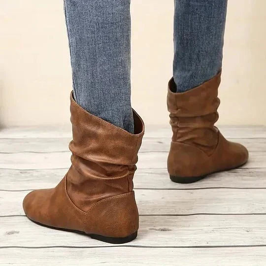 Amara | Bottes Femme à Mi-Mollet en Cuir Froncées Talon Bas