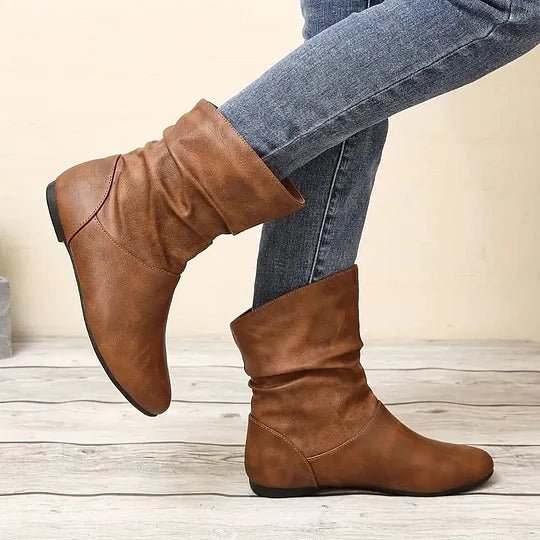 Amara | Bottes Femme à Mi-Mollet en Cuir Froncées Talon Bas
