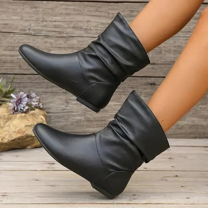 Amara | Bottes Femme à Mi-Mollet en Cuir Froncées Talon Bas
