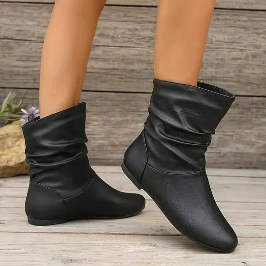 Amara | Bottes Femme à Mi-Mollet en Cuir Froncées Talon Bas