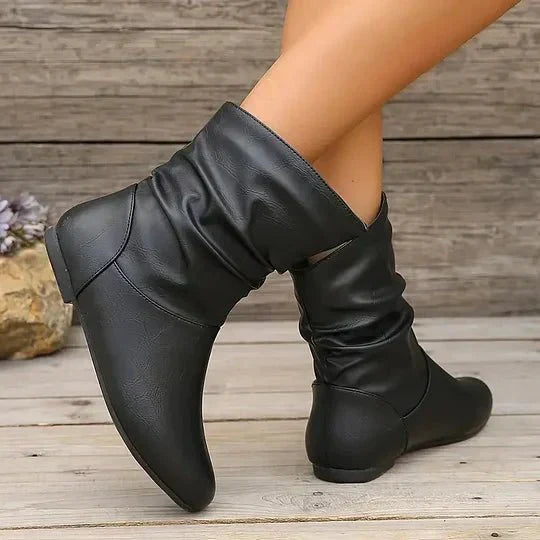 Amara | Bottes Femme à Mi-Mollet en Cuir Froncées Talon Bas