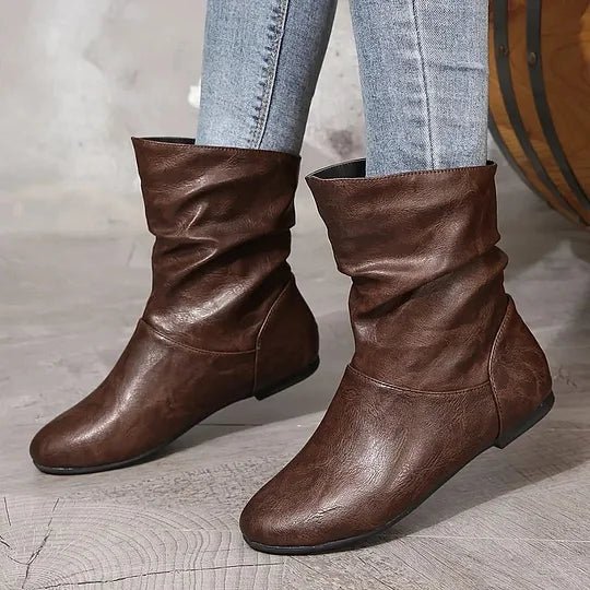 Amara | Bottes Femme à Mi-Mollet en Cuir Froncées Talon Bas