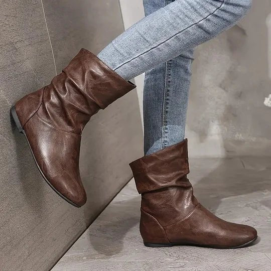 Amara | Bottes Femme à Mi-Mollet en Cuir Froncées Talon Bas