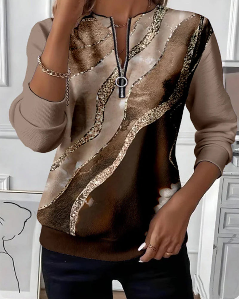 Ambre | Sweat Femme Imprimé Marbré Demi-Zip Col Rond Manches Longues