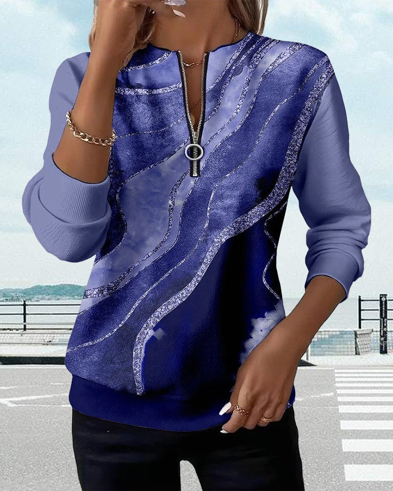 Ambre | Sweat Femme Imprimé Marbré Demi-Zip Col Rond Manches Longues