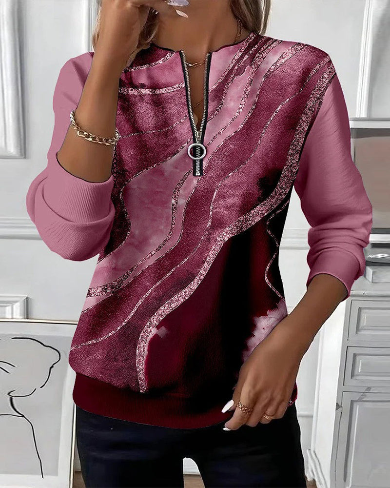 Ambre | Sweat Femme Imprimé Marbré Demi-Zip Col Rond Manches Longues