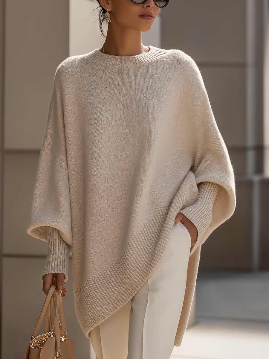 Aurélie | Pull Poncho Femme en Maille Oversize Col Rond Manches Chauve-Souris