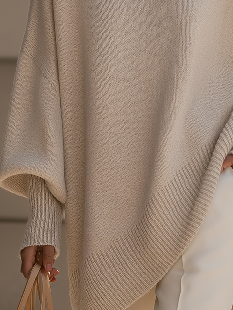 Aurélie | Pull Poncho Femme en Maille Oversize Col Rond Manches Chauve-Souris