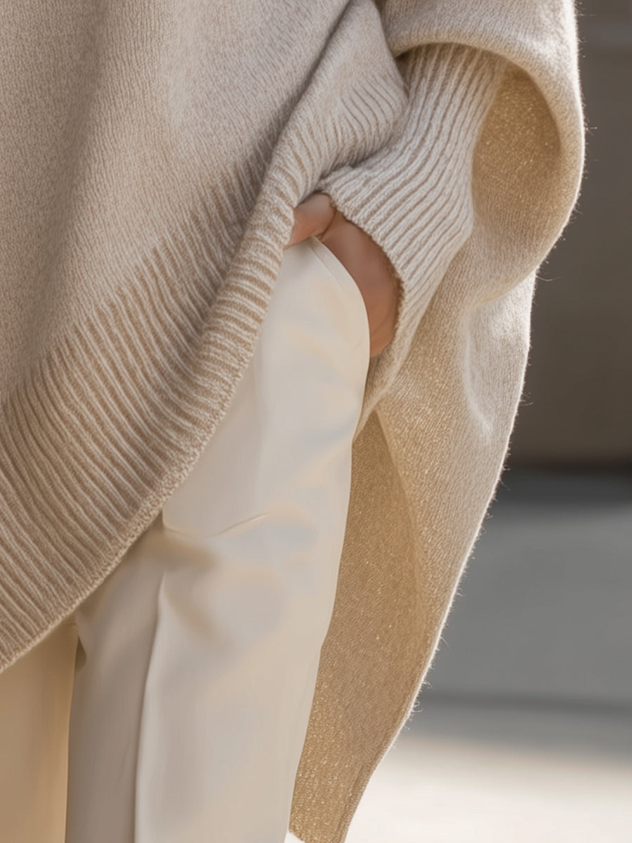 Aurélie | Pull Poncho Femme en Maille Oversize Col Rond Manches Chauve-Souris