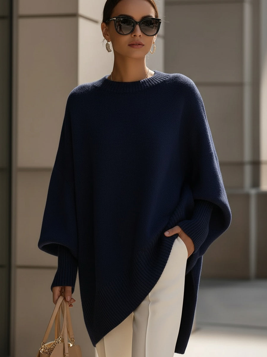 Aurélie | Pull Poncho Femme en Maille Oversize Col Rond Manches Chauve-Souris
