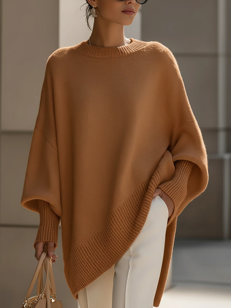 Aurélie | Pull Poncho Femme en Maille Oversize Col Rond Manches Chauve-Souris