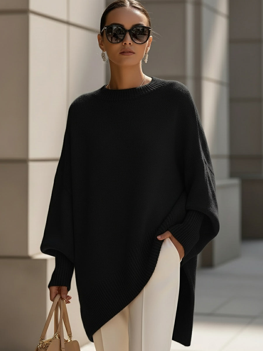 Aurélie | Pull Poncho Femme en Maille Oversize Col Rond Manches Chauve-Souris