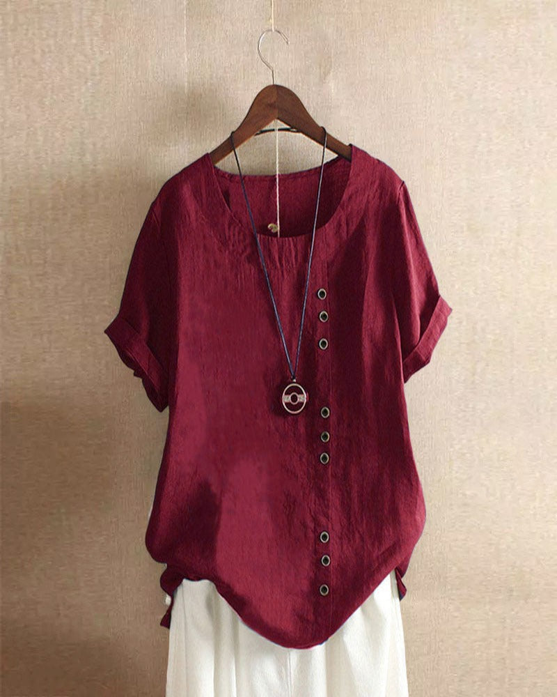 Béatrice | Blouse Lin Col Rond Boutons Manches Courtes Détendue