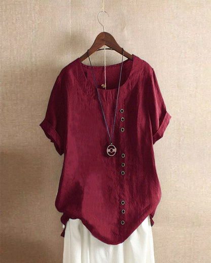 Béatrice | Blouse Lin Col Rond Boutons Manches Courtes Détendue