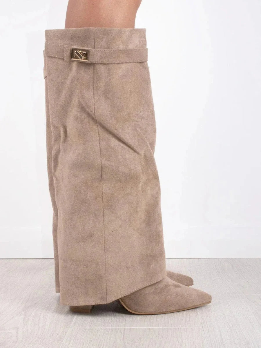 Bottes | Bottes Hautes en Daim Noir Détail Doré Talon Compensé