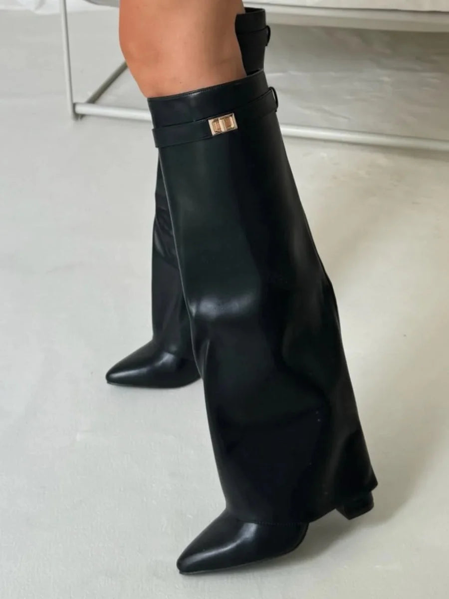 Bottes | Bottes Hautes en Daim Noir Détail Doré Talon Compensé