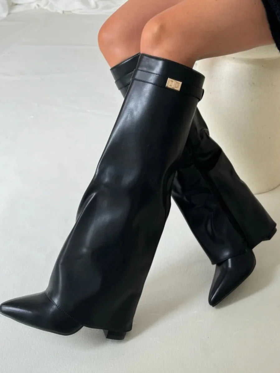 Bottes | Bottes Hautes en Daim Noir Détail Doré Talon Compensé