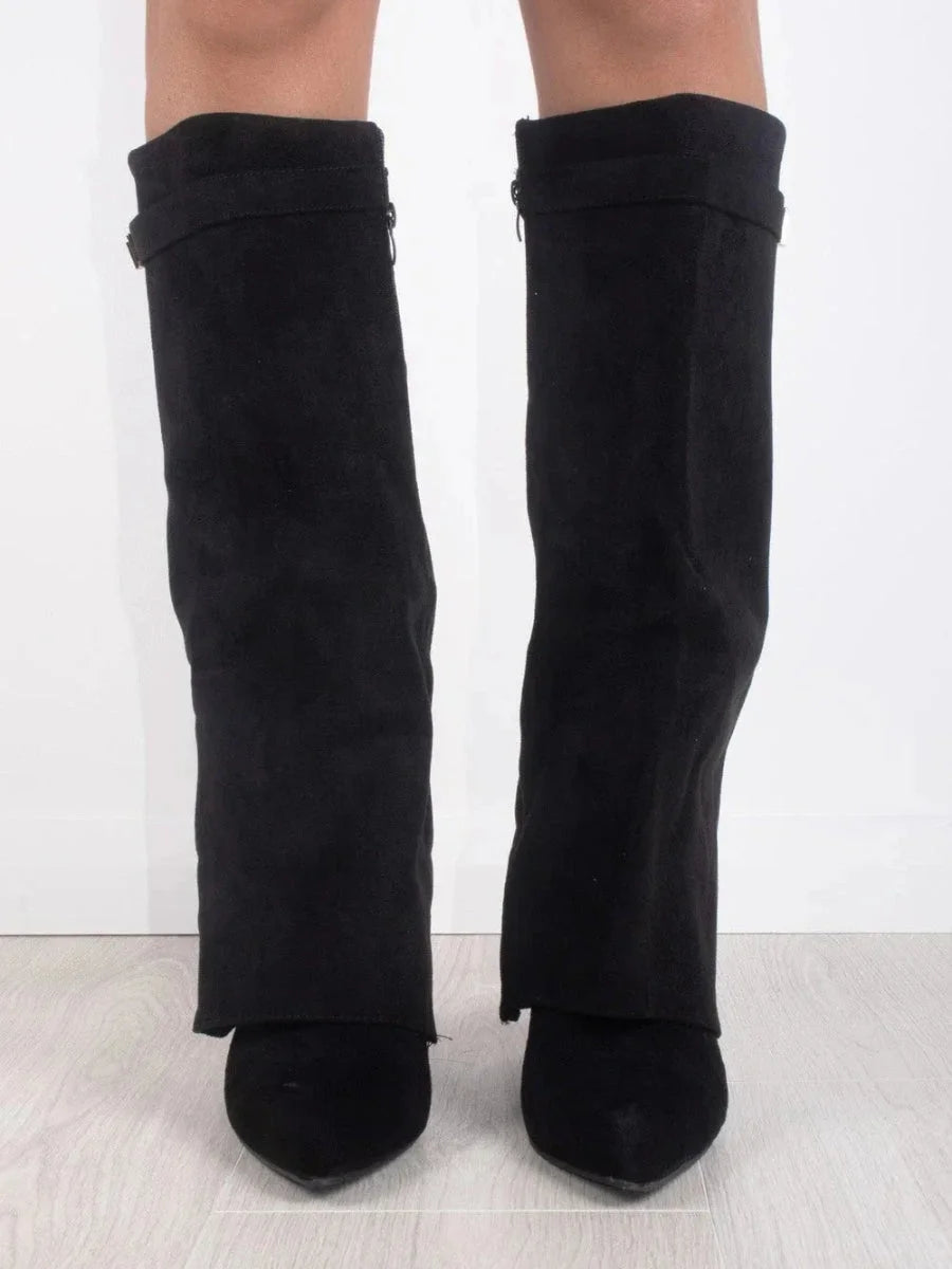 Bottes | Bottes Hautes en Daim Noir Détail Doré Talon Compensé