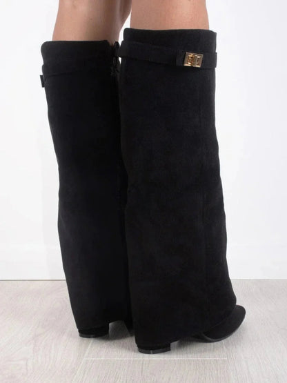 Bottes | Bottes Hautes en Daim Noir Détail Doré Talon Compensé
