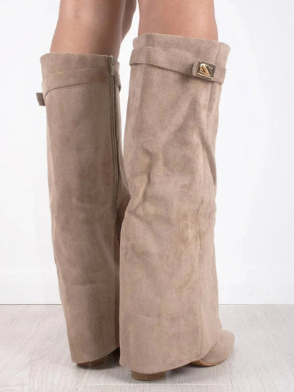 Bottes | Bottes Hautes en Daim Noir Détail Doré Talon Compensé