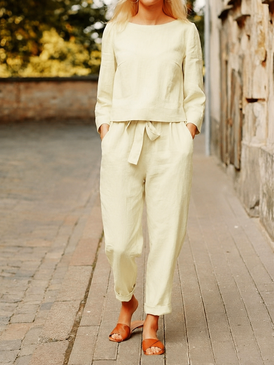 Capucine | Ensemble Femme en Lin Top Col Rond et Pantalon à Ceinture