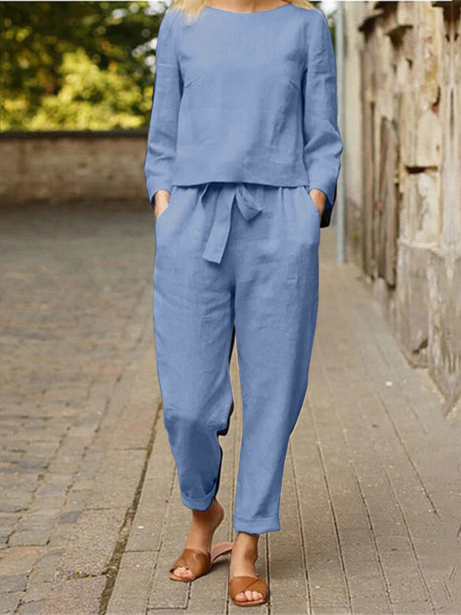 Capucine | Ensemble Femme en Lin Top Col Rond et Pantalon à Ceinture