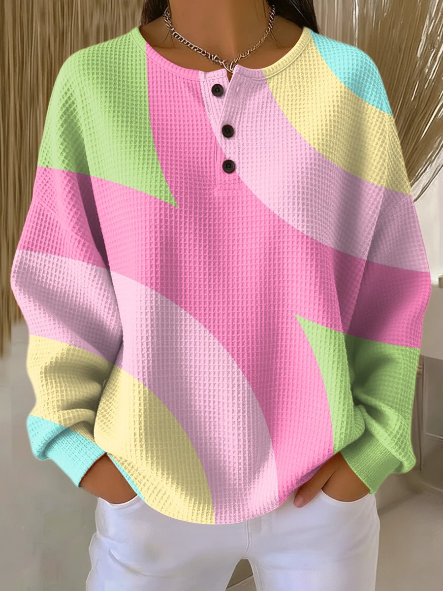 Chloe | Pull Femme Oversize Color Block Nid d'Abeille Col Rond à Boutons
