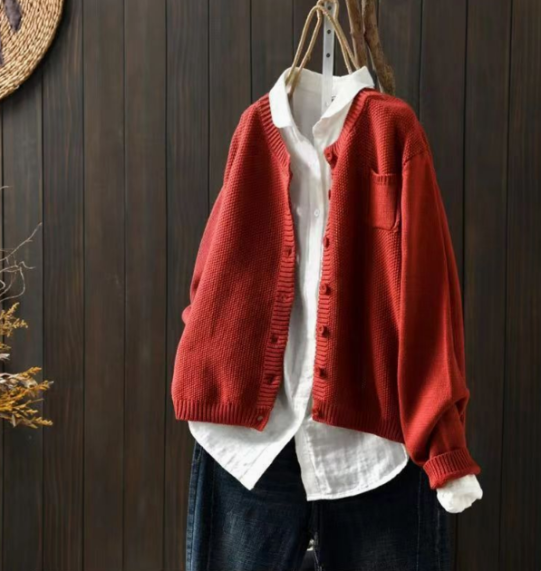 Evelisse | Cardigan Femme en Maille Oversize Col Rond à Boutons et Poche