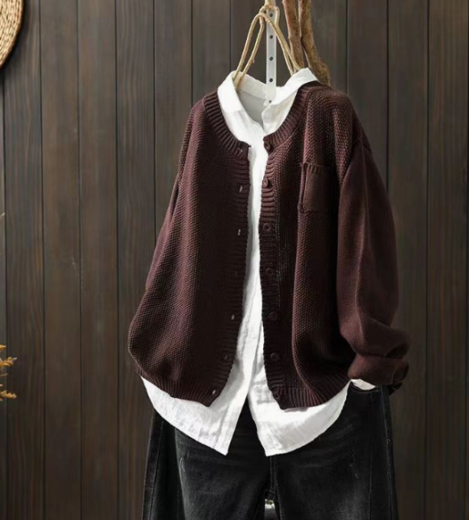 Evelisse | Cardigan Femme en Maille Oversize Col Rond à Boutons et Poche