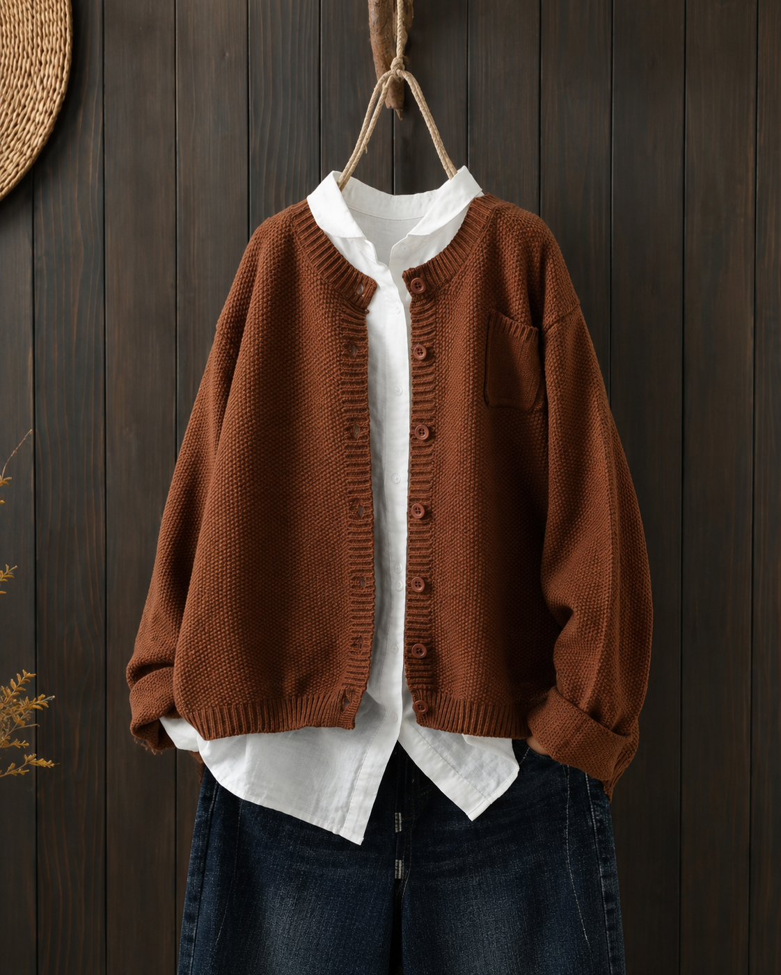 Evelisse | Cardigan Femme en Maille Oversize Col Rond à Boutons et Poche