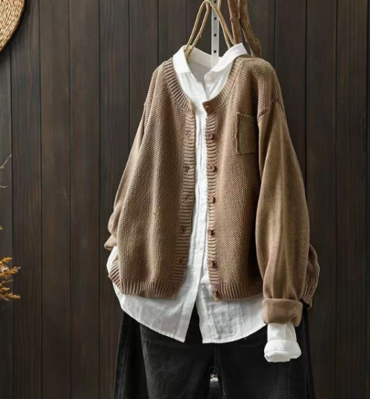 Evelisse | Cardigan Femme en Maille Oversize Col Rond à Boutons et Poche