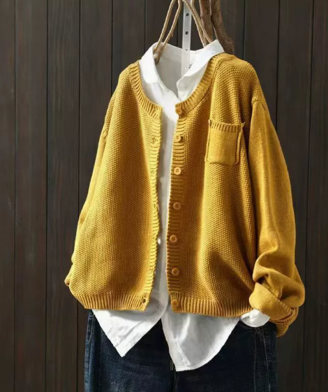 Evelisse | Cardigan Femme en Maille Oversize Col Rond à Boutons et Poche