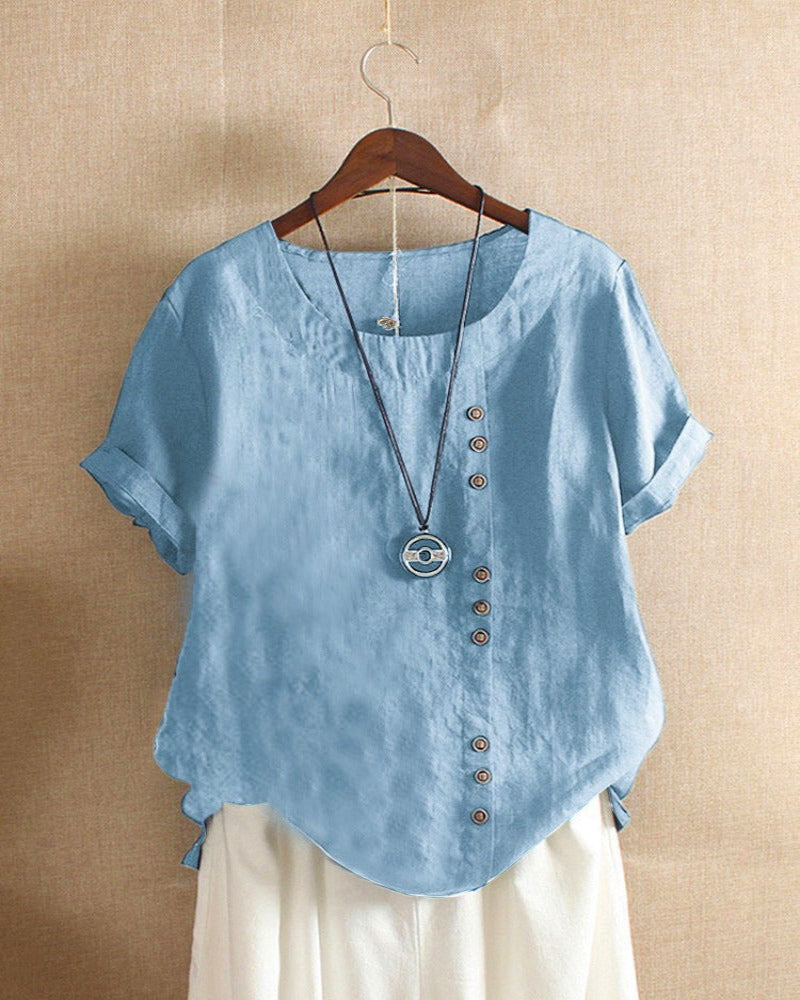 Béatrice | Blouse Lin Col Rond Boutons Manches Courtes Détendue