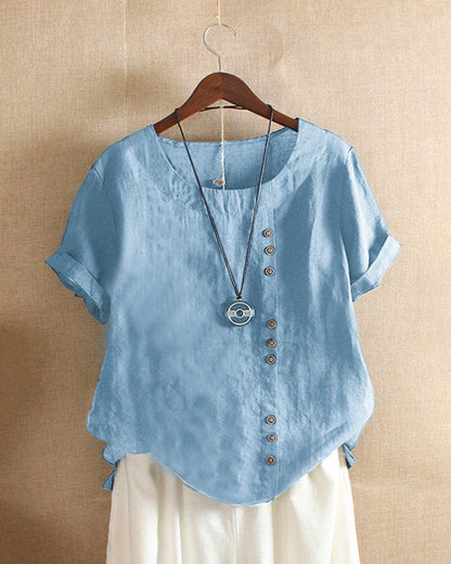 Béatrice | Blouse Lin Col Rond Boutons Manches Courtes Détendue