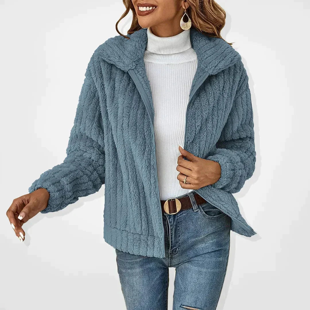 Liora | Veste Femme en Fausse Fourrure Côtelée à Revers et Zip