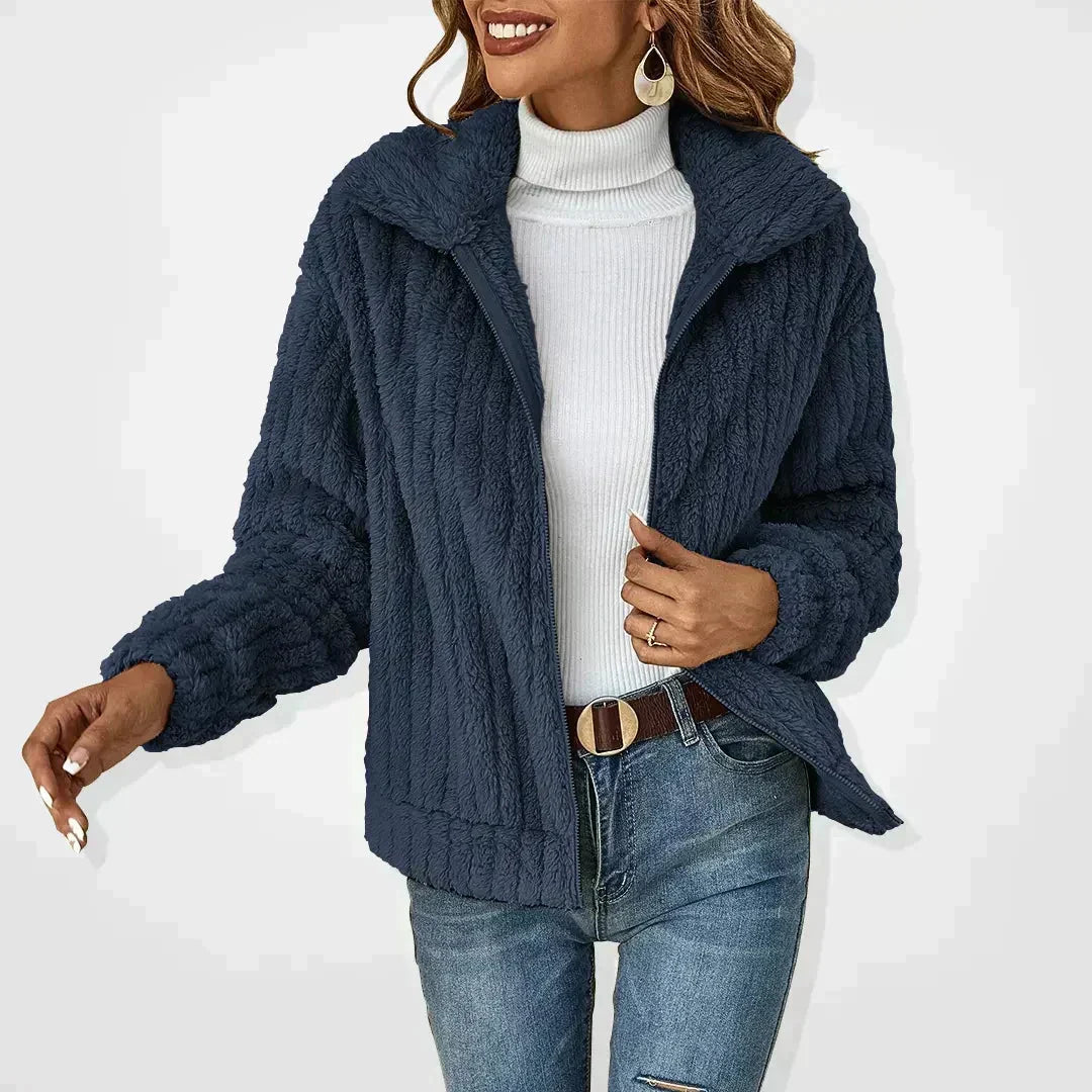 Liora | Veste Femme en Fausse Fourrure Côtelée à Revers et Zip