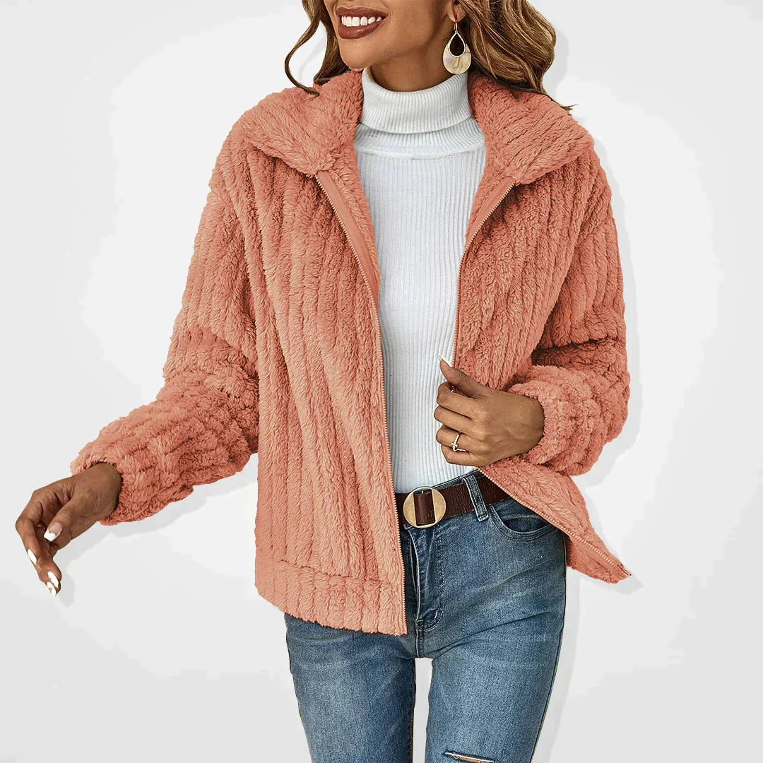 Liora | Veste Femme en Fausse Fourrure Côtelée à Revers et Zip