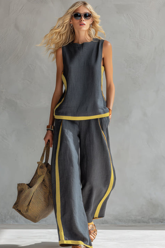 Margaux | Ensemble Femme en Lin Top sans Manches et Pantalon Jambe Large