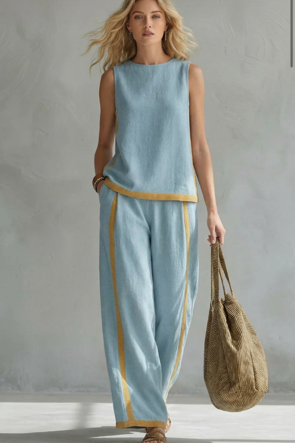 Margaux | Ensemble Femme en Lin Top sans Manches et Pantalon Jambe Large