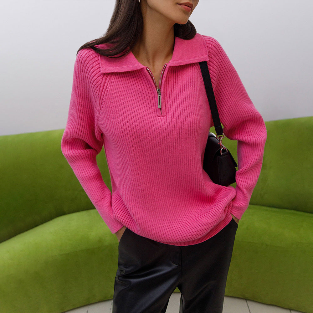 Rosalie | Pull Femme en Maille Côtelée Col Chemise Demi-Zip