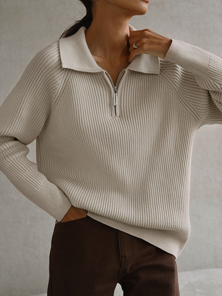 Rosalie | Pull Femme en Maille Côtelée Col Chemise Demi-Zip