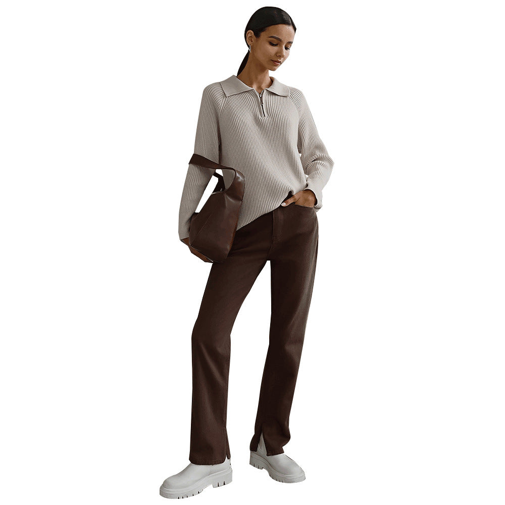 Rosalie | Pull Femme en Maille Côtelée Col Chemise Demi-Zip