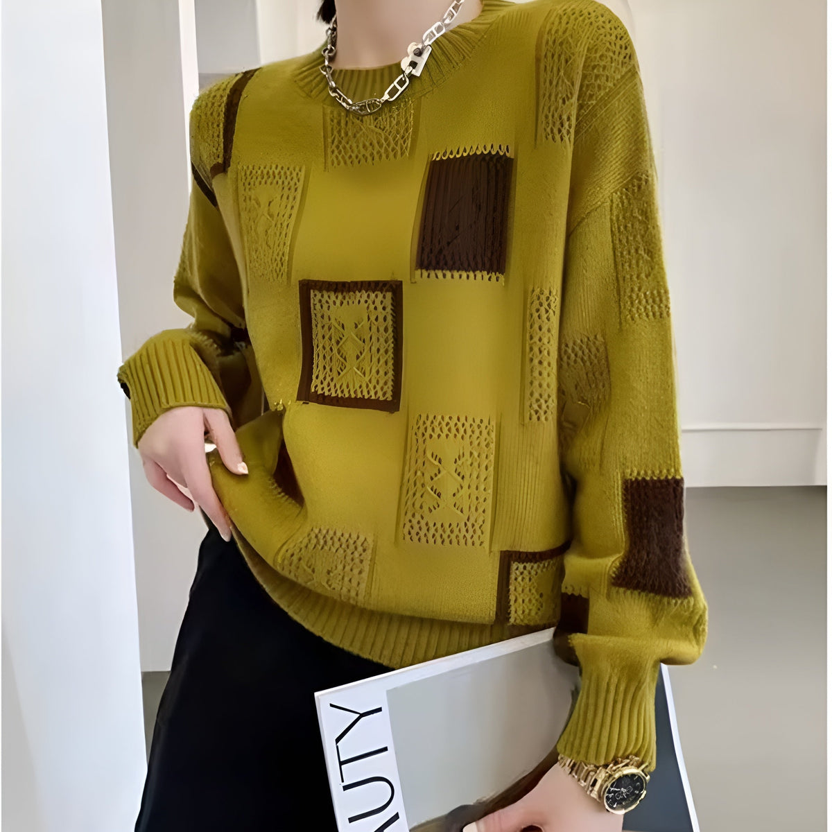 Sylvara | Pull Femme en Maille Patchwork Ajourée Col Rond Oversize